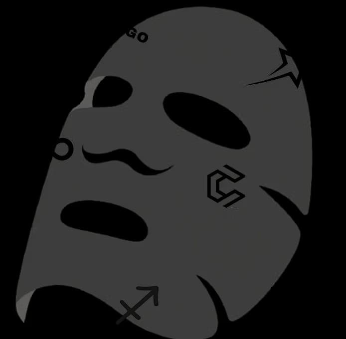 Sheet mask with example custom printed logos and graphics on a dark grey mask