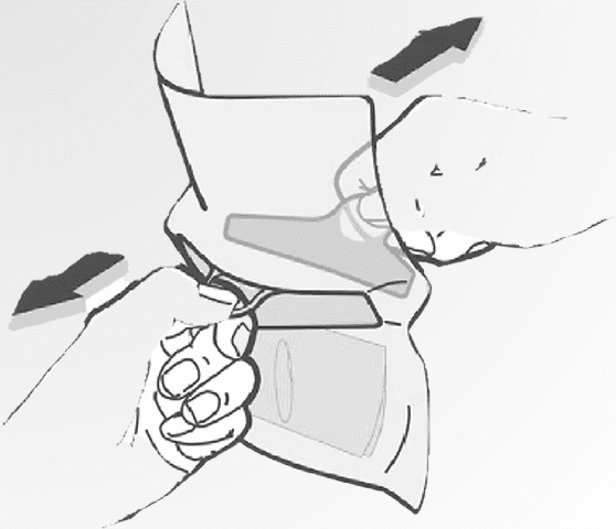 Illustration: hands pulling apart a dual-compartment pouch to open or combine chambers