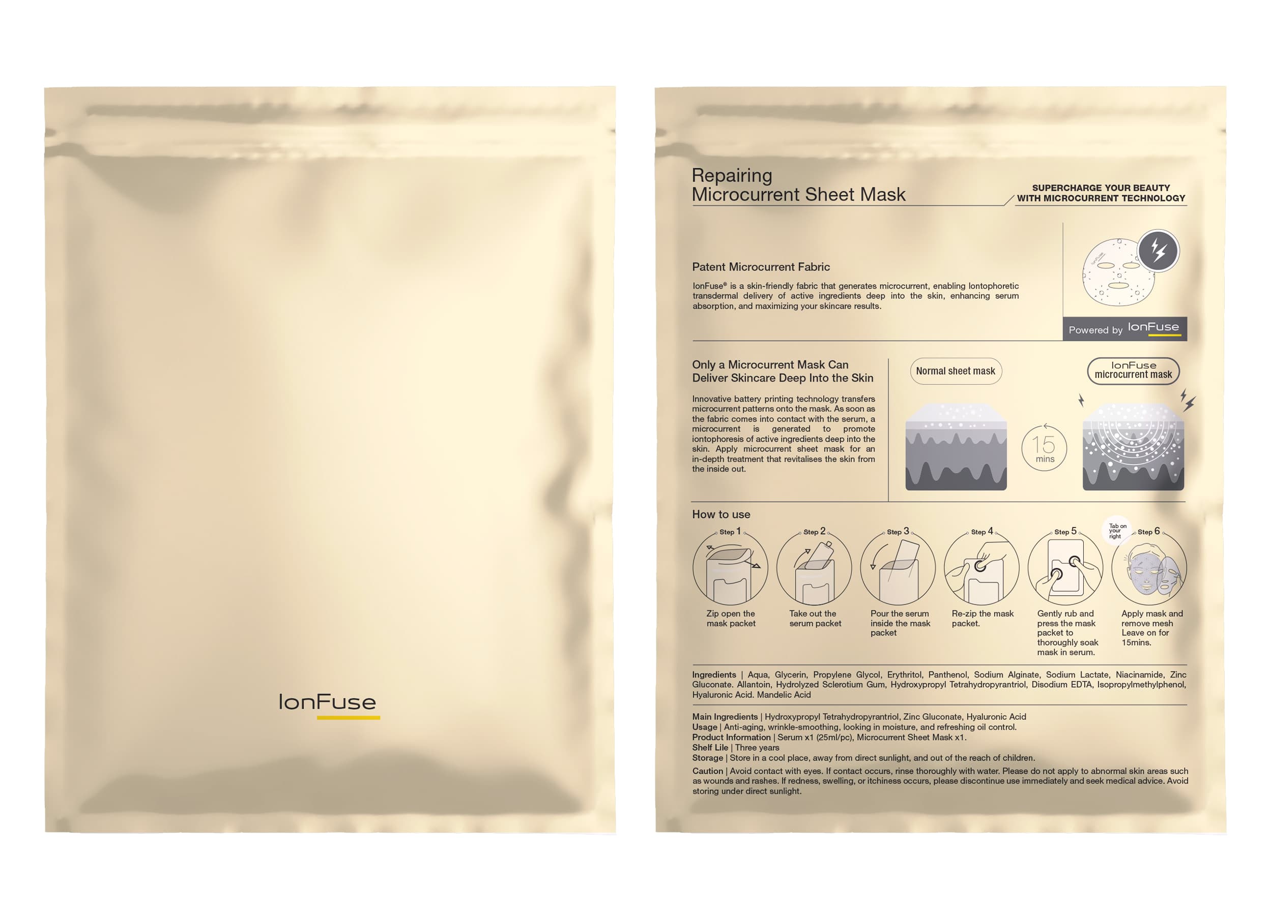 IonFuse Repairing Microcurrent Sheet Mask — front and back of the foil pouch with usage and ingredients