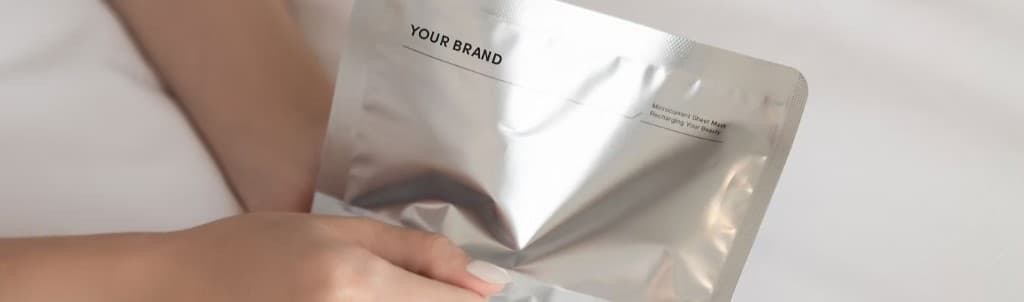 Hands holding a silver foil microcurrent sheet mask pouch on a bright surface