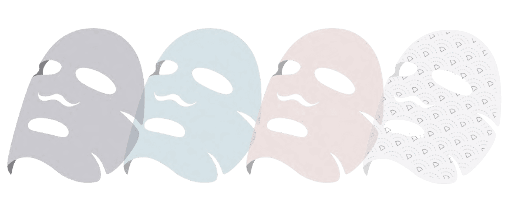 Four overlapping sheet masks on a light background: lavender, pale blue, dusty pink, and white with a dotted arch pattern